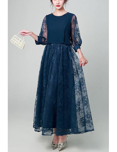 Elegant Round Neck Maxi Lace Wedding Guest Dress With Sheer Sleeves