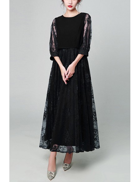 Elegant Round Neck Maxi Lace Wedding Guest Dress With Sheer Sleeves