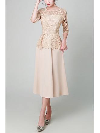 Lace Round Neck Tea Length Wedding Guest Dress With Half Sleeves