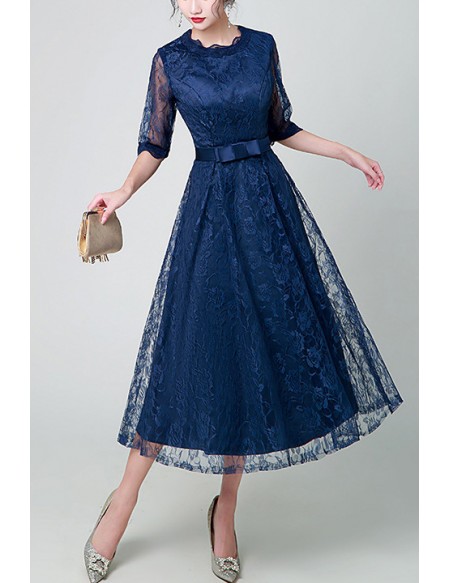 Navy Blue Lace Tea Length Party Dress With Sheer Sleeves