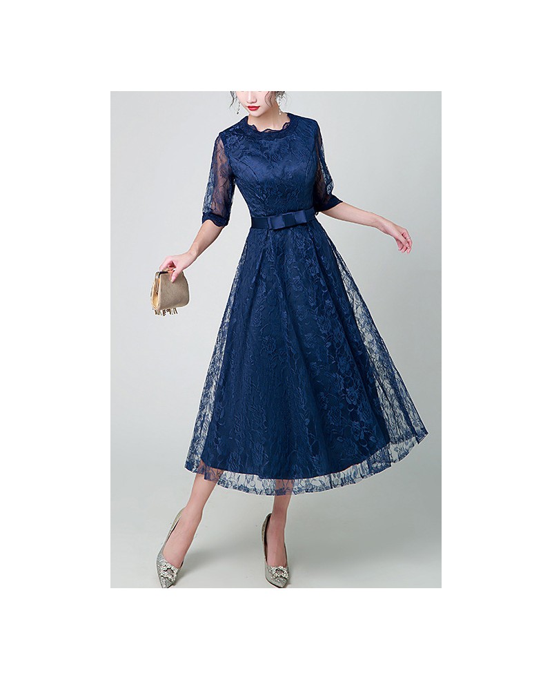 Navy Blue Lace Tea Length Party Dress With Sheer Sleeves #J1822 ...