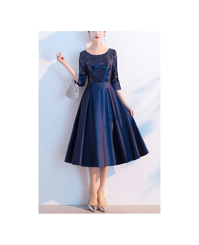 Navy Blue Satin Aline Party Dress With Sequined Sleeves #J1807 ...