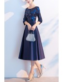 Navy Blue Satin Aline Party Dress With Sequined Sleeves