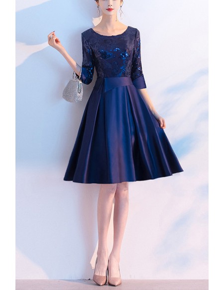 Navy Blue Satin Aline Party Dress With Sequined Sleeves