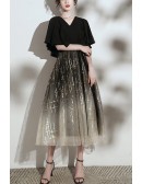 Chic Black Vneck Ombre Tulle Party Dress With Bling