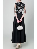 Modest Black Maxi Party Dress With Flowers Half Sleeves