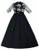 Modest Black Maxi Party Dress With Flowers Half Sleeves