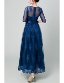 Elegant Blue Lace Maxi Party Dress With Illusion Sleeves