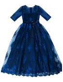 Elegant Blue Lace Maxi Party Dress With Illusion Sleeves