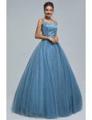 Dusty Blue Ball Gown Tulle Prom Party Dress with Sequin Top
