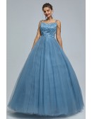 Dusty Blue Ball Gown Tulle Prom Party Dress with Sequin Top