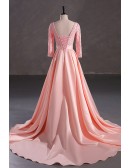 Beautiful Pink Sweetheart Neck Lace Sequin Prom Dress with 3/4 Sleeves