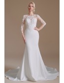 Trumpet Long Train Beaded Tight Wedding Dress with Sheer Lace Sleeves