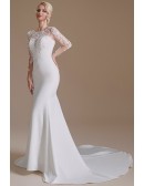Trumpet Long Train Beaded Tight Wedding Dress with Sheer Lace Sleeves