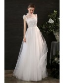 Romantic Beaded Appliques Aline Long Tulle Wedding Dress Floor Length