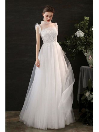 Romantic Beaded Appliques Aline Long Tulle Wedding Dress Floor Length