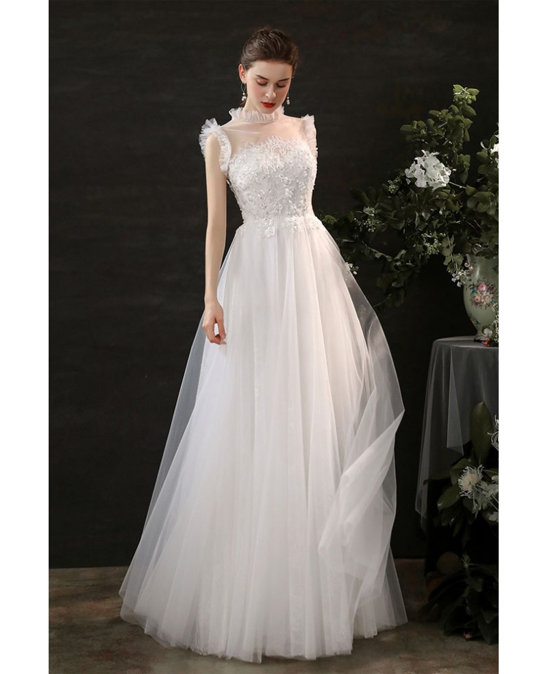 Romantic Beaded Appliques Aline Long Tulle Wedding Dress Floor Length ...