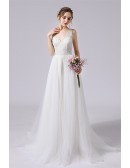 Flowy Long Tulle Beach Wedding Dress Backless Vneck with Lace