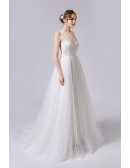 Flowy Long Tulle Beach Wedding Dress Backless Vneck with Lace