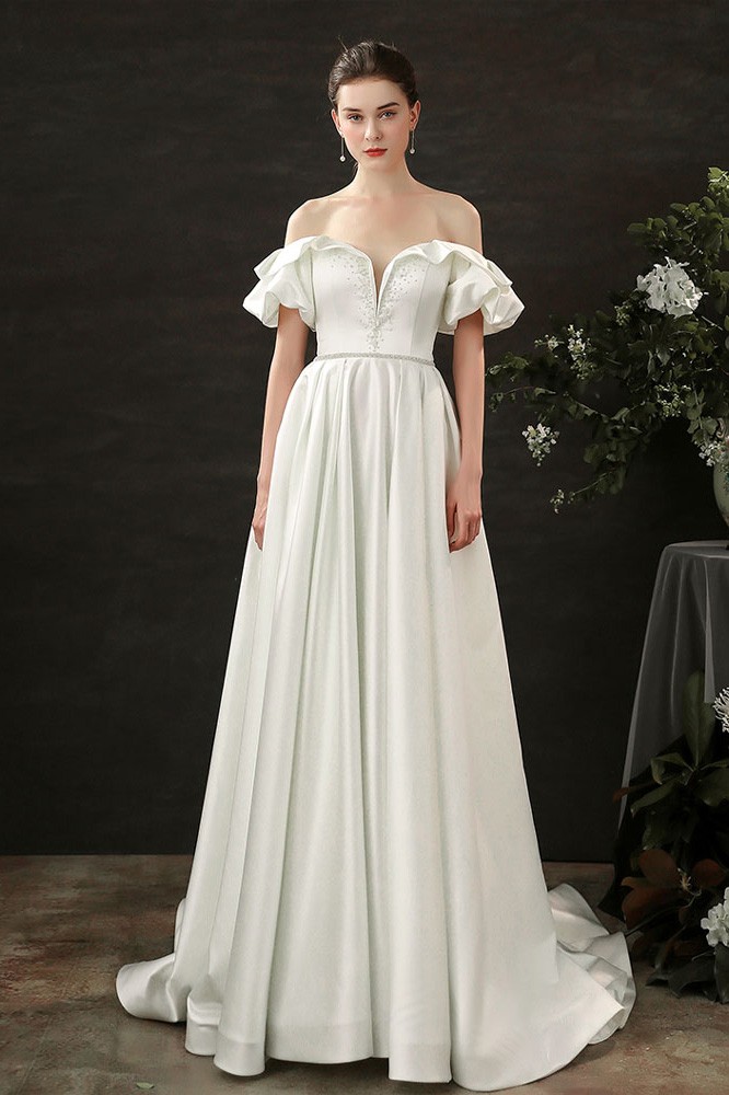 Gorgeous Off Shoulder Long Satin Wedding Dress with Beadings Sweep ...