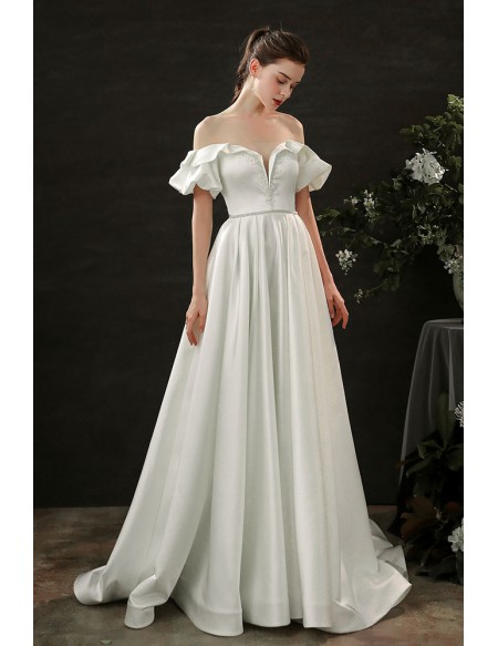 Gorgeous Off Shoulder Long Satin Wedding Dress with Beadings Sweep Strain