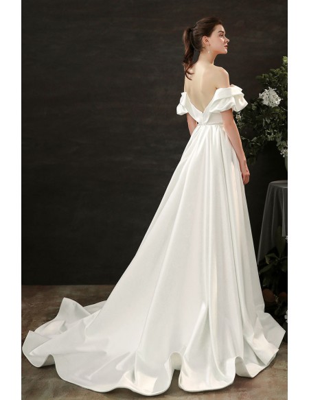 Gorgeous Off Shoulder Long Satin Wedding Dress with Beadings Sweep Strain