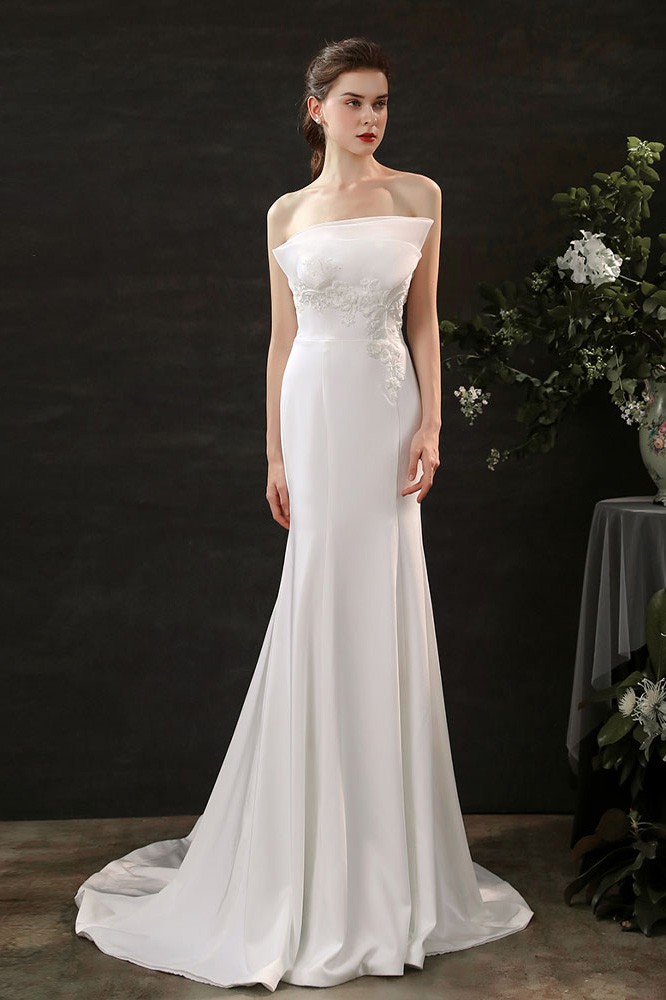 Strapless Fitted Slim Long Mermaid Wedding Dress with Sweep Train ...