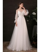 Fairytale Illusion Long Sleeves Long Tulle Wedding Dress Vneck with Straps