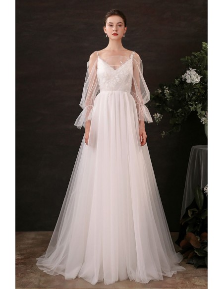 Fairytale Illusion Long Sleeves Long Tulle Wedding Dress Vneck with Straps