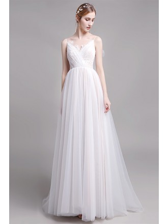 Simple Empire Flowy Long Tulle Beach Wedding Dress with Spaghetti Straps