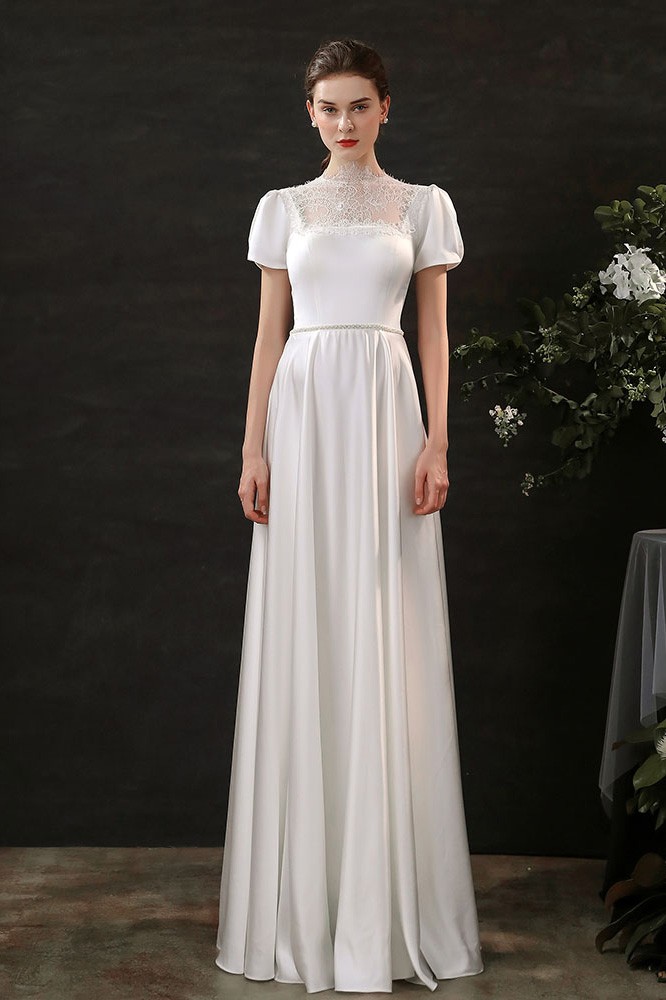 Elegant Lace High Neck Slim Long Satin Wedding Dress Modest with Short ...
