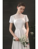 Elegant Lace High Neck Slim Long Satin Wedding Dress Modest with Short Sleeves