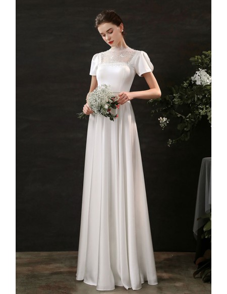 Elegant Lace High Neck Slim Long Satin Wedding Dress Modest with Short Sleeves
