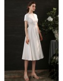 Retro Chic Satin Tea Length Wedding Dress Simple with Short Sleeves