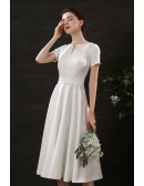Retro Chic Satin Tea Length Wedding Dress Simple with Short Sleeves
