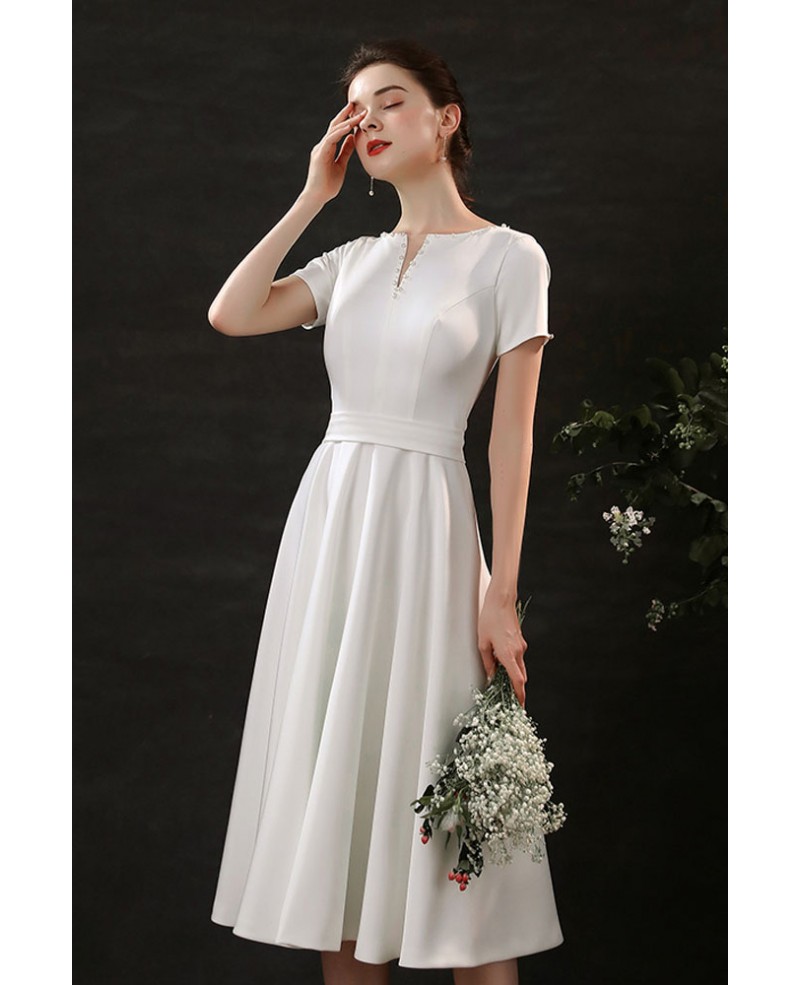Retro Chic Satin Tea Length Wedding Dress Simple with Short Sleeves ...