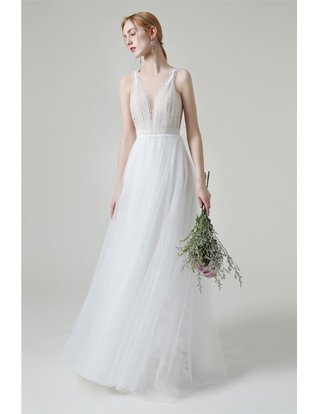 Simple Lace Straps Vneck Long Tulle Boho Wedding Dress For Beach Weddings