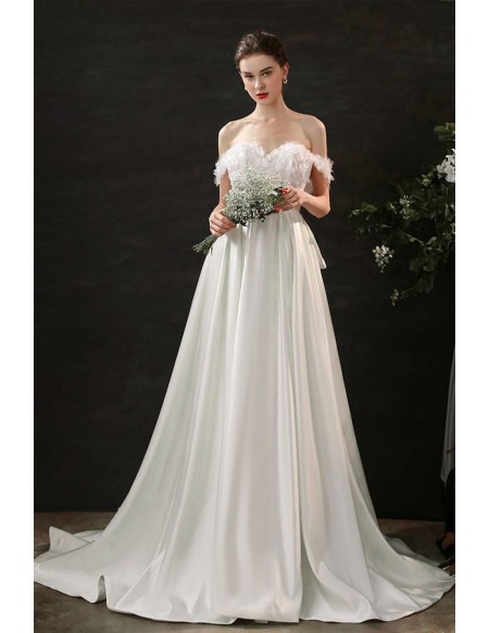 Gorgeous Long Train Satin Wedding Dress Off Shoulder with Flowers