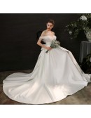 Gorgeous Long Train Satin Wedding Dress Off Shoulder with Flowers
