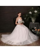 Unique Boho Lace Vneck Long Tulle Aline Wedding Dress with Spaghetti Straps