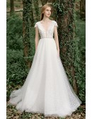 Deep Vneck Polka Dot Tulle Wedding Dress with Lace Cap Sleeves