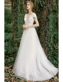 Deep Vneck Polka Dot Tulle Wedding Dress with Lace Cap Sleeves