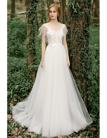 Romantic Illusion Tulle Puffy Sleeves Wedding Dress with Appliques