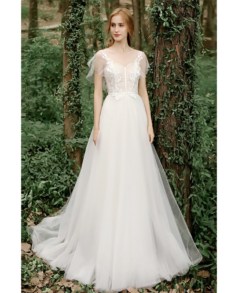 Romantic Illusion Tulle Puffy Sleeves Wedding Dress with Appliques ...