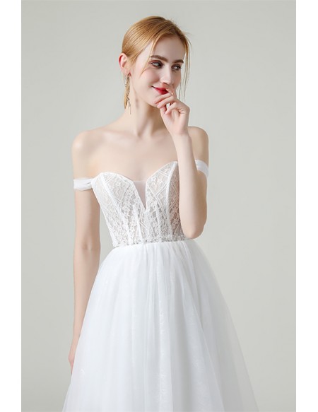 Off Shoulder Aline Long Tulle Simple Wedding Dress with Sweep Train