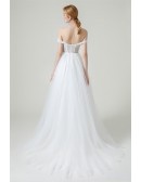 Off Shoulder Aline Long Tulle Simple Wedding Dress with Sweep Train