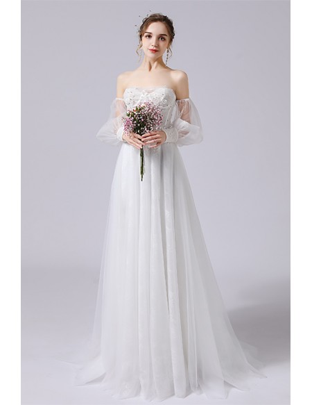 Fairytale Lantern Sleeves Aline Long Tulle Wedding Dress Strapless
