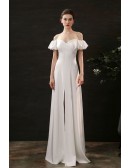 Sexy Slim Long Satin Wedding Dress Off Shoulder with Split Front