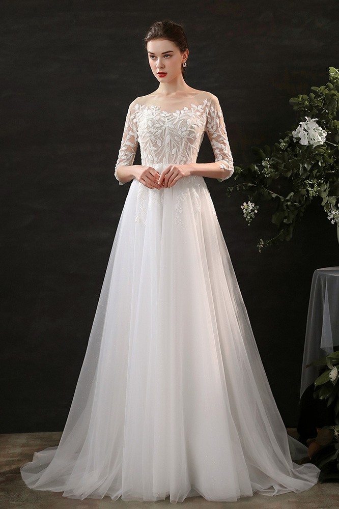 Unique Leaf Lace Flowy Long Tulle Boho Wedding Dress with Half Sleeves ...