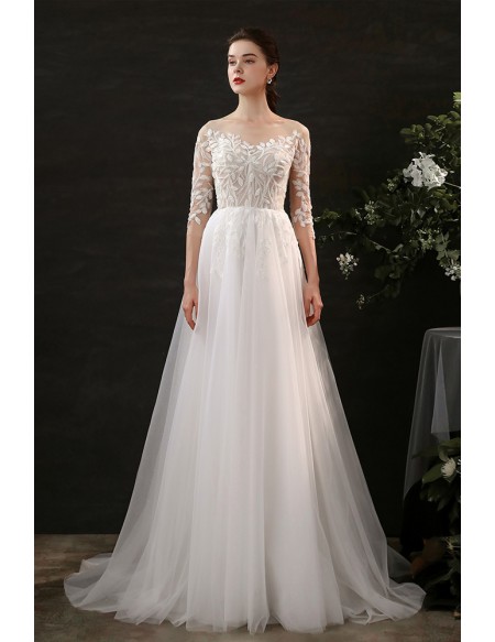 Unique Leaf Lace Flowy Long Tulle Boho Wedding Dress with Half Sleeves ...